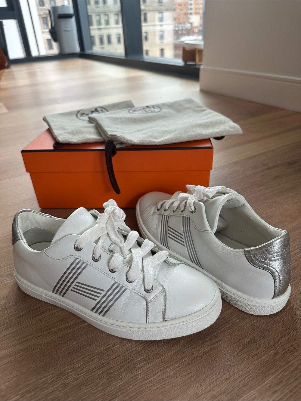 Hermes White Leather Low-Top Sneakers with Silver Accents